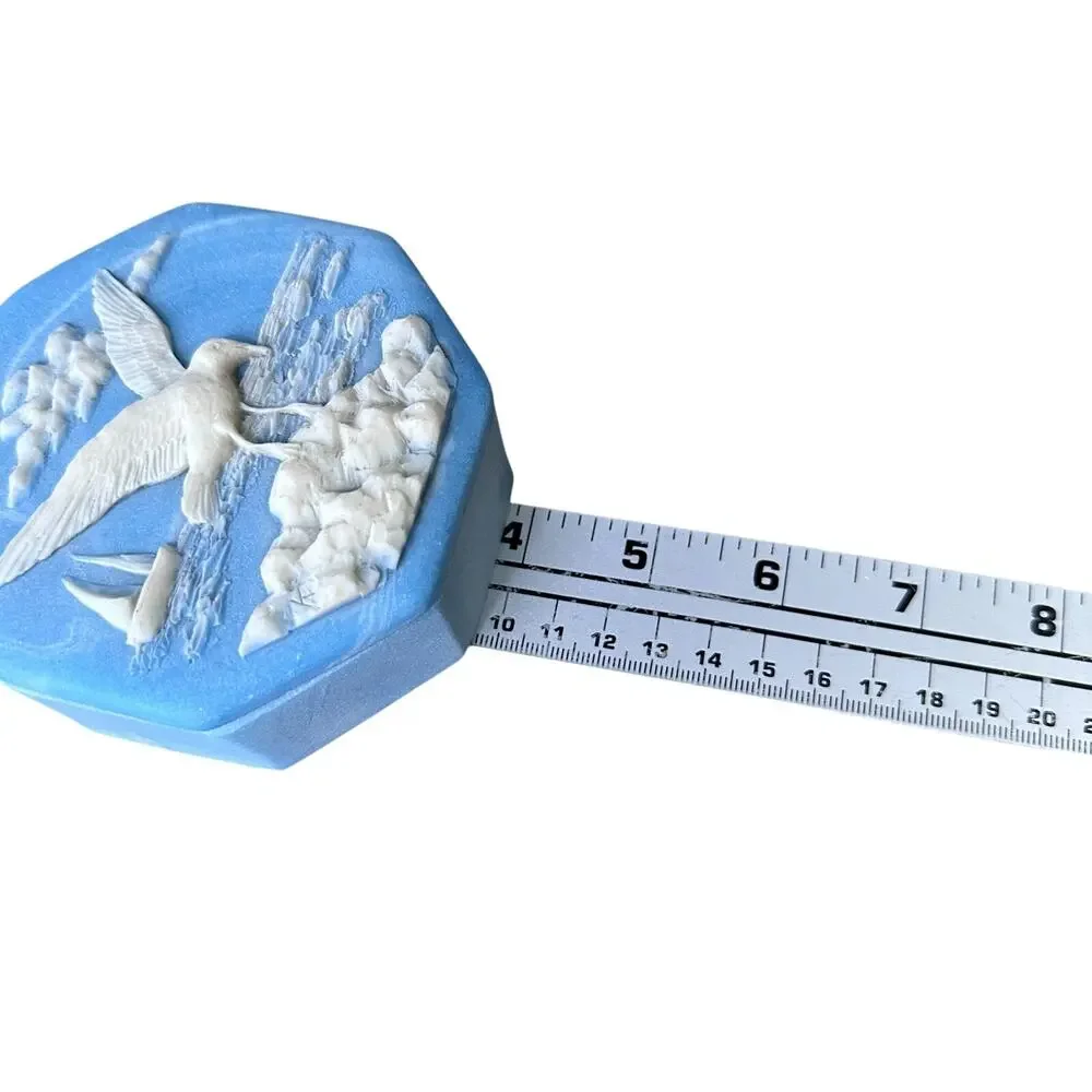 Vintage Incolay‎ Trinket Box w/ Lid Seagull Sailboat Jewelry Box Jasperware Blue